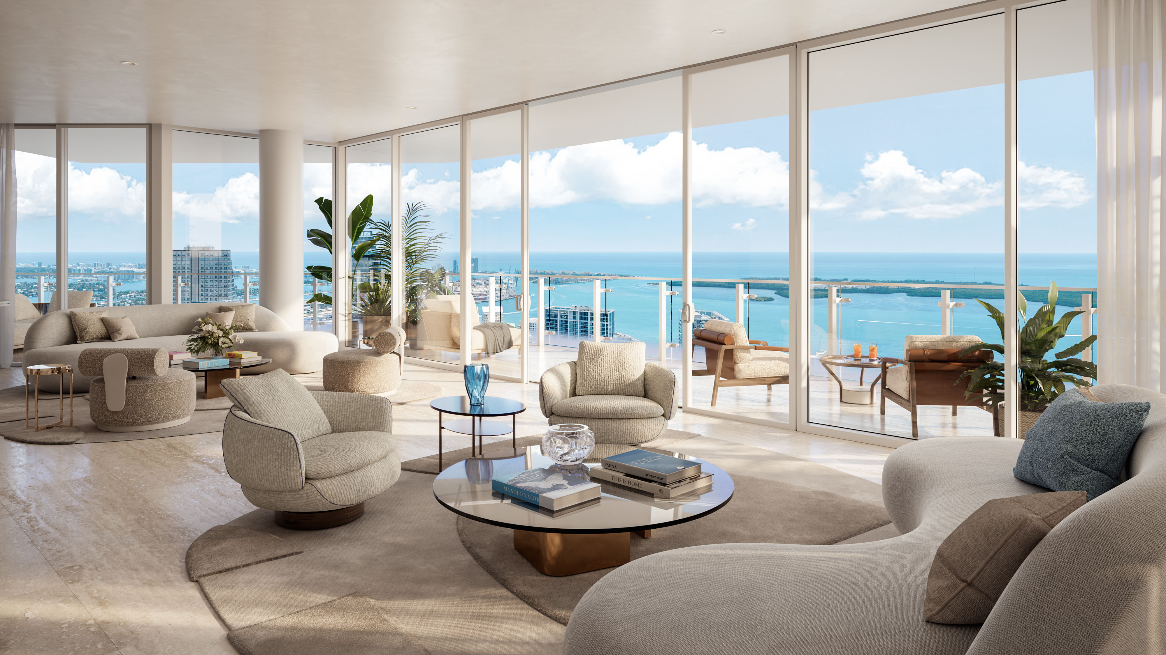 Faena Residences Miami River Loft living room with panoramic Miami views