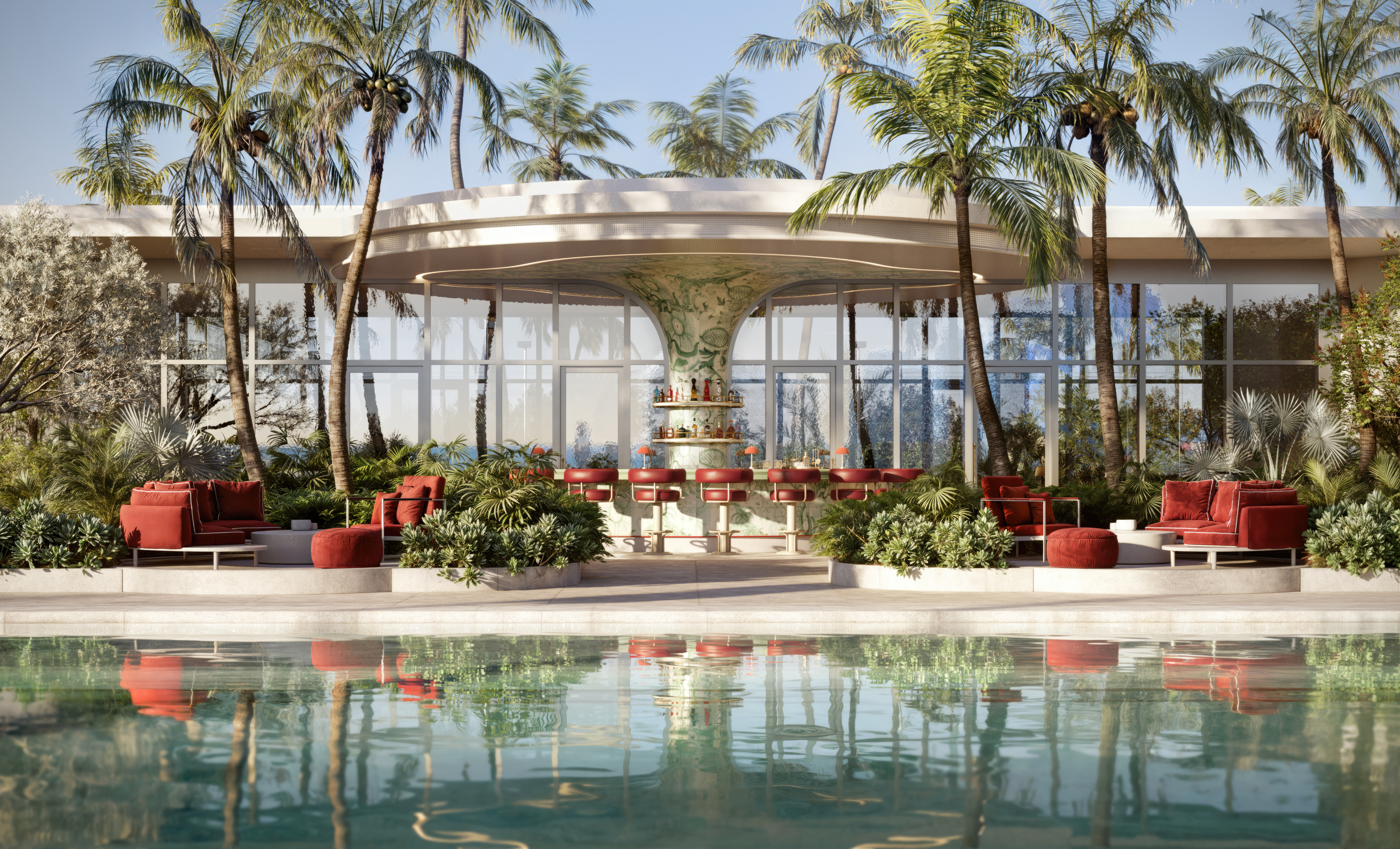 Pool deck with juice bar and lush landscaping at Faena Residences Miami